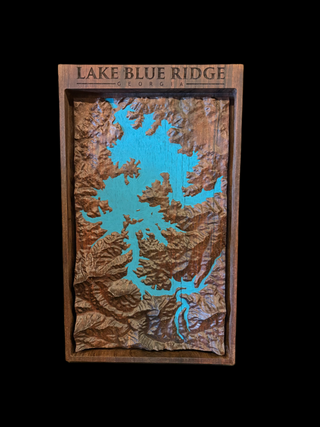 Wooden relief map of Lake Blue Ridge with blue water and 'Lake Blue Ridge, Georgia' text on a wooden surface.