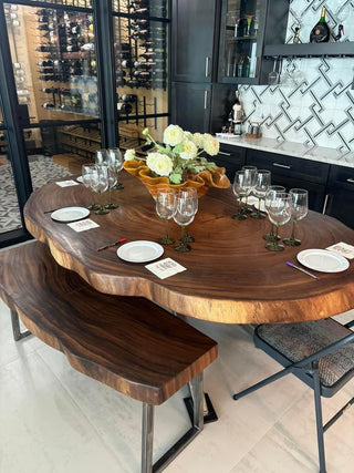 Wooden table and bench set up 