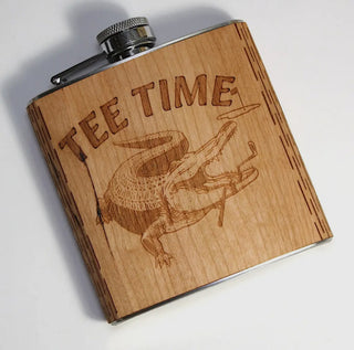 Wooden Flask with Gator that says "Tee Time"